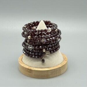 Beaded Ruby Pearl and Clear Wire Memory Bracelet Sz 7 Bling Sparkle